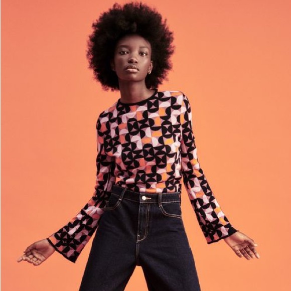 NWT Zara Geometric Jacquard Knit Sweater - Black Orange Pink - Picture 1 of 9
